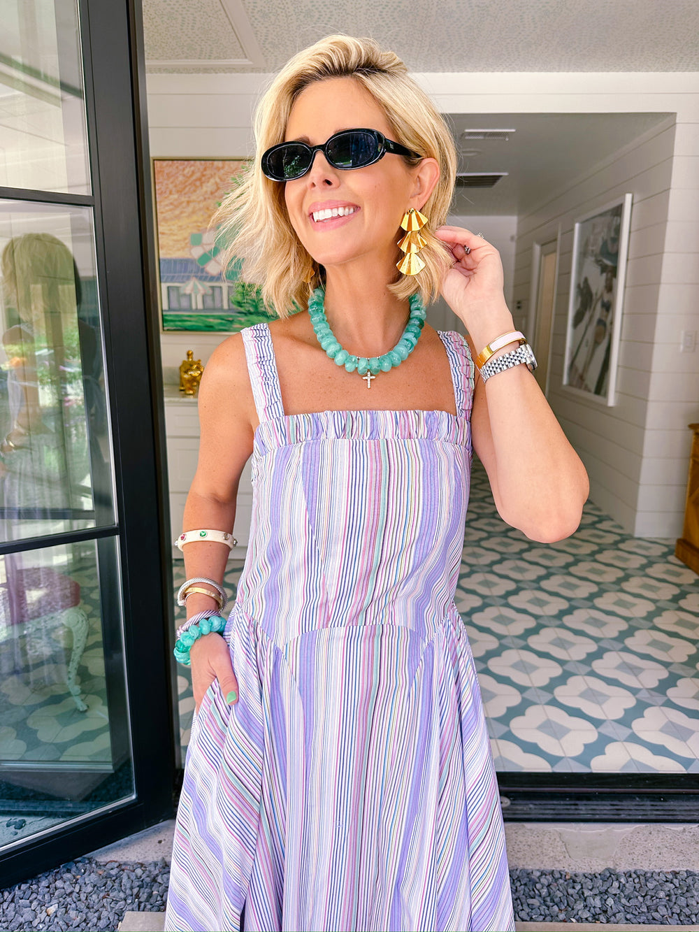 SPECTRUM OF STRIPES BASQUE WAIST DRESS