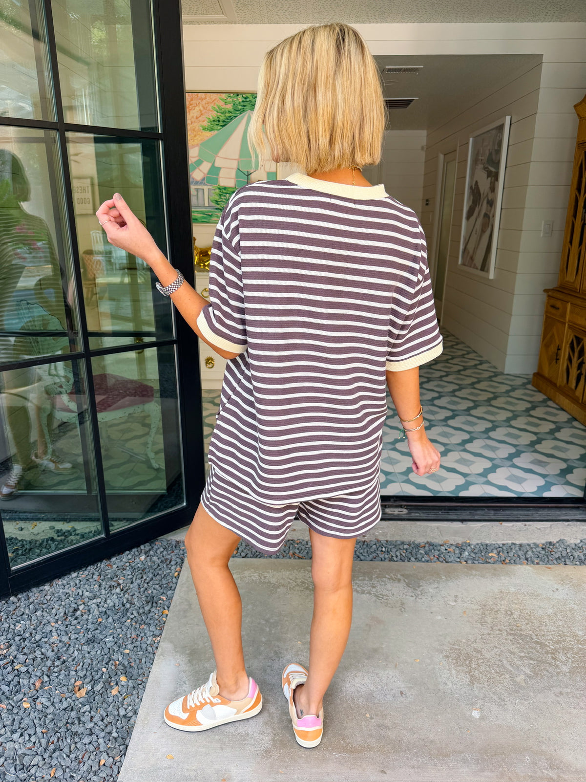 EASY GOING STRIPE SHORTS SET - BROWN