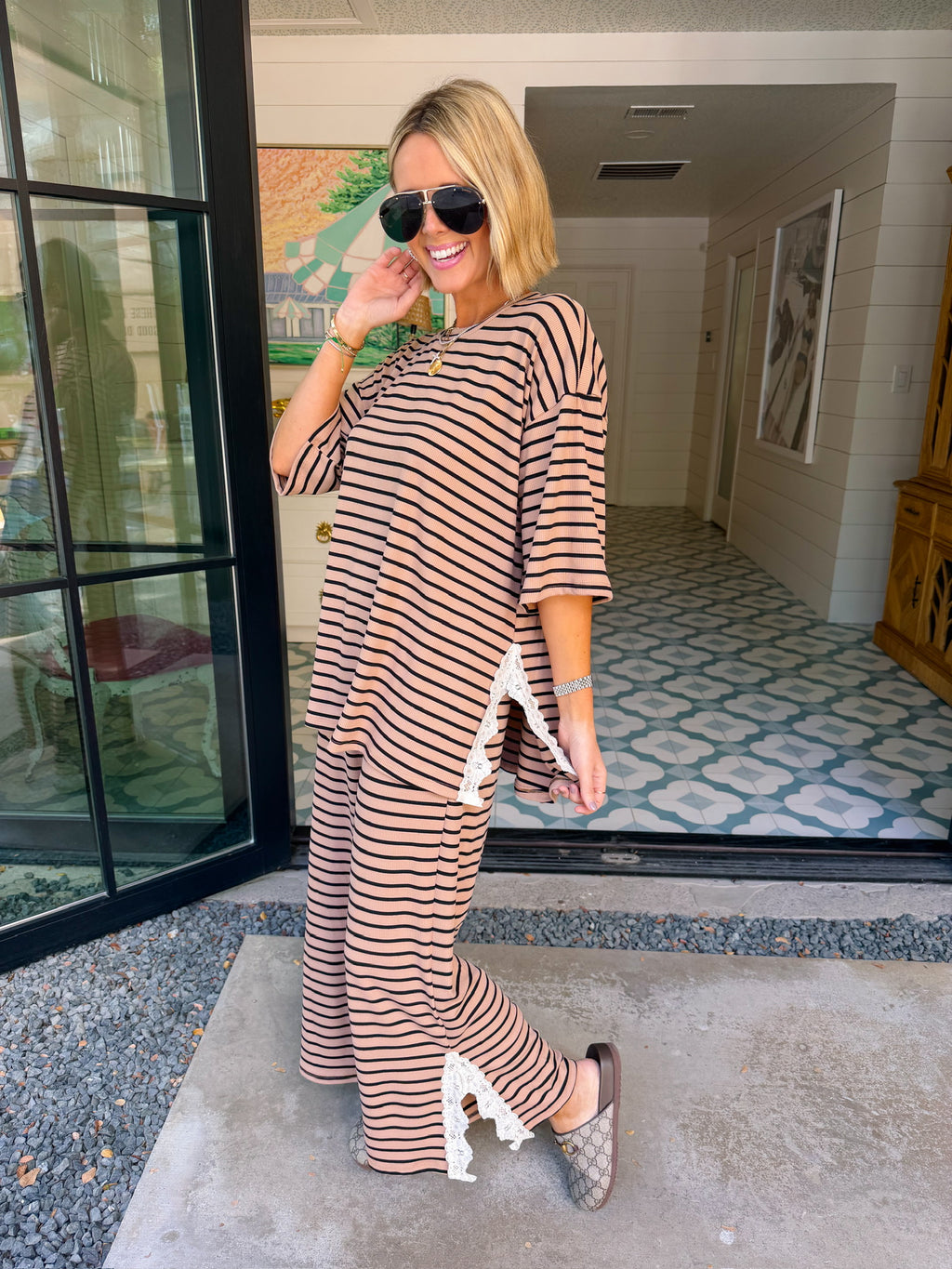 EFFORTLESSLY CUTE LACE TRIM STRIPE PANT SET