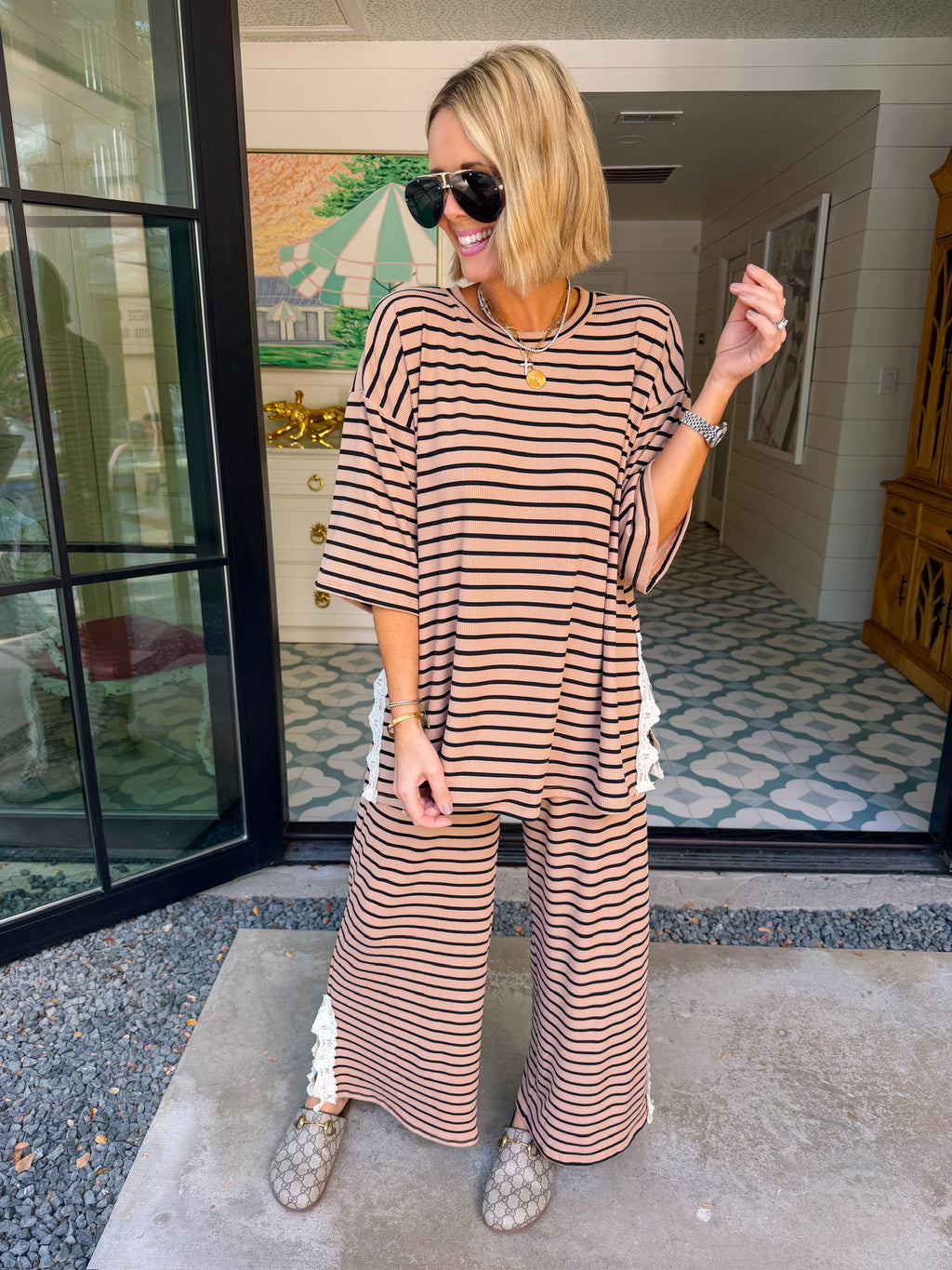EFFORTLESSLY CUTE LACE TRIM STRIPE PANT SET