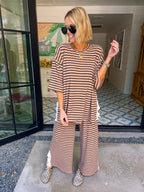 EFFORTLESSLY CUTE LACE TRIM STRIPE PANT SET