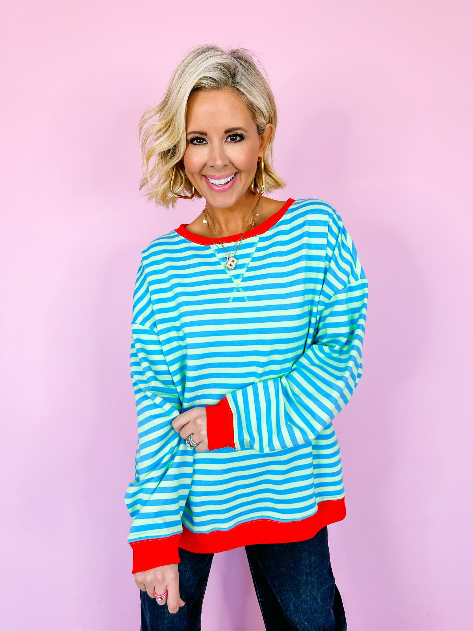 MINT TO BE STRIPE LONG SLEEVE TOP - BLUE