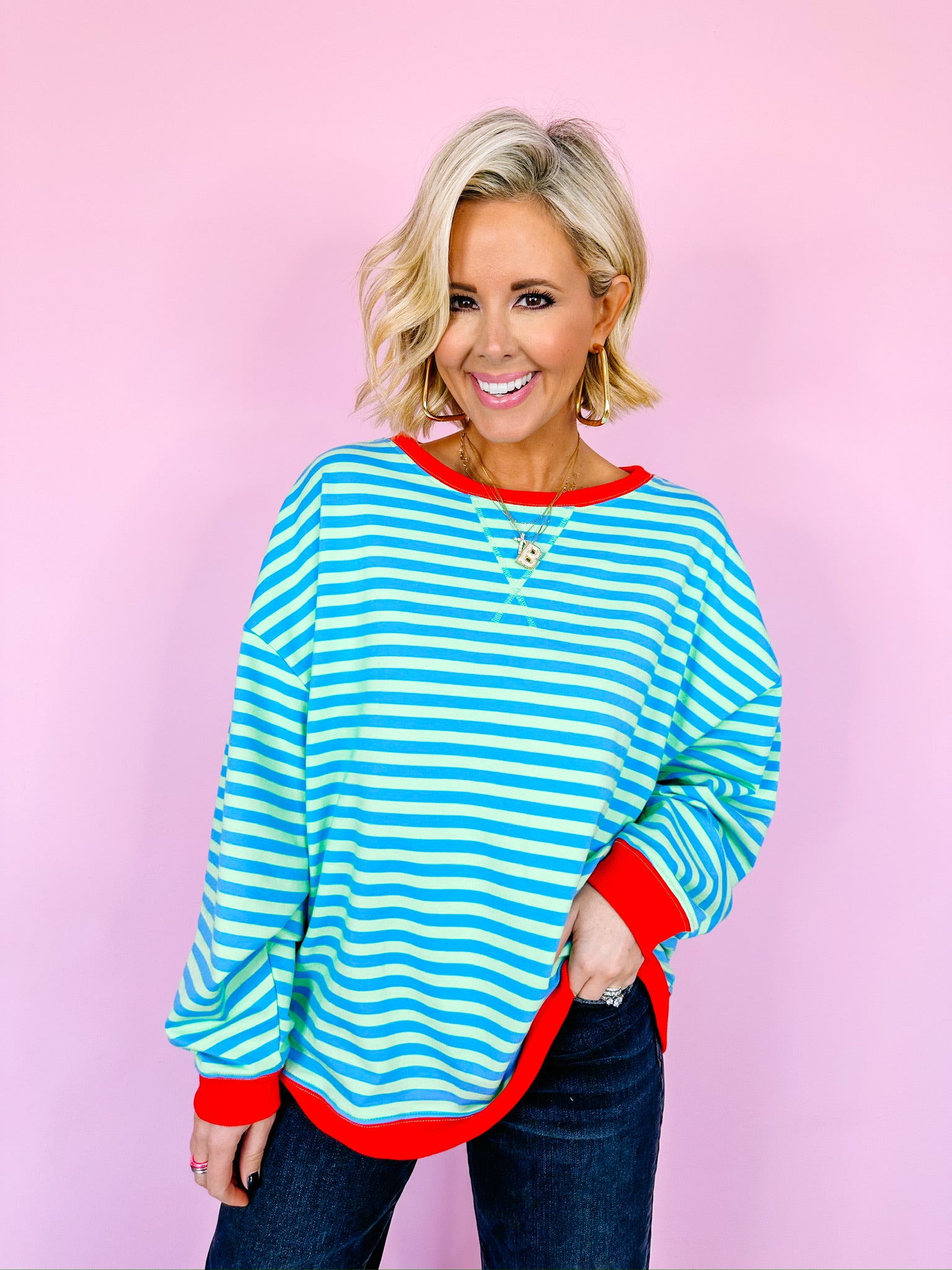 MINT TO BE STRIPE LONG SLEEVE TOP - BLUE