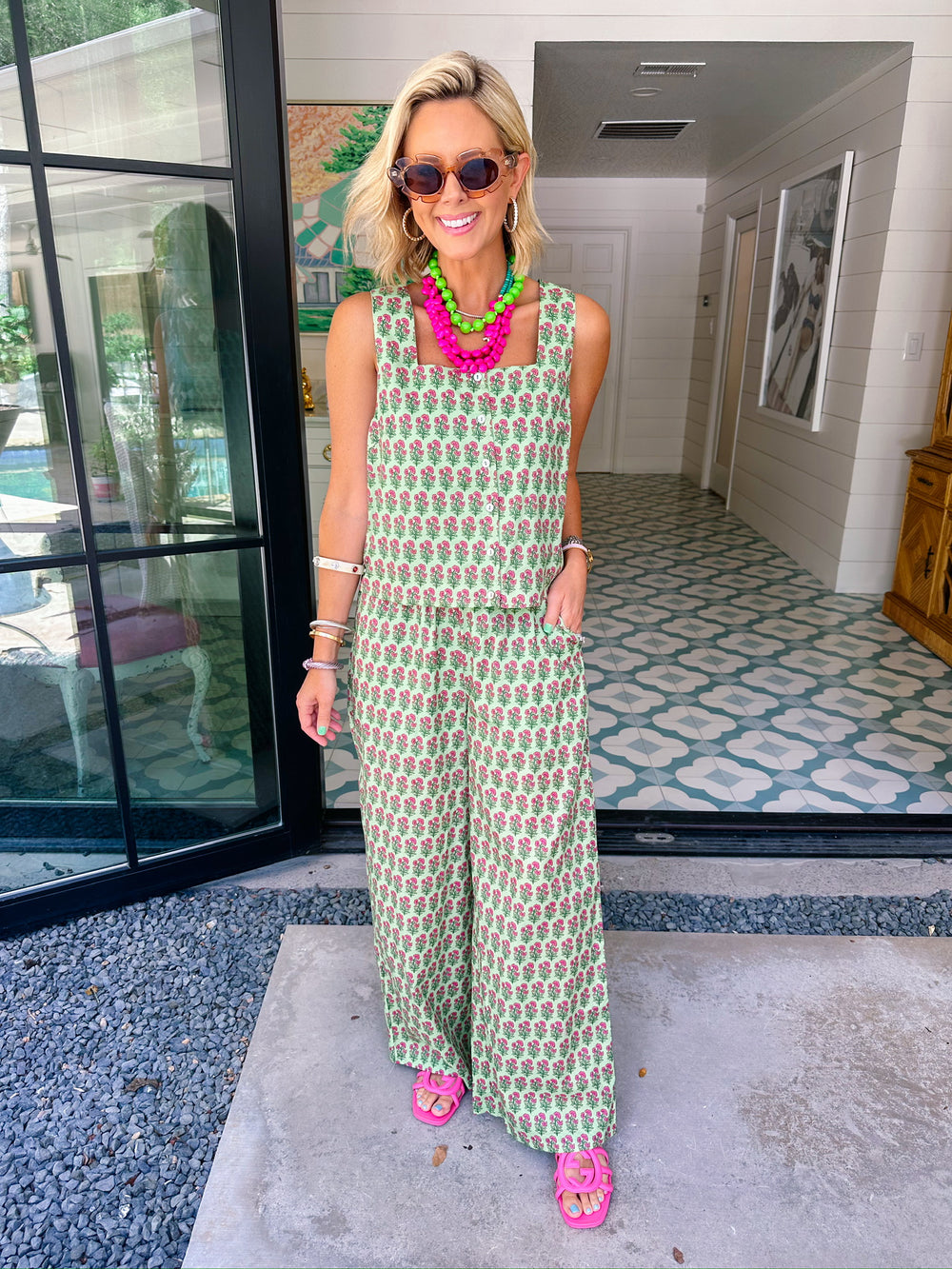 FRESHLY PICKED FLORAL BLOCK PANT SET - GREEN