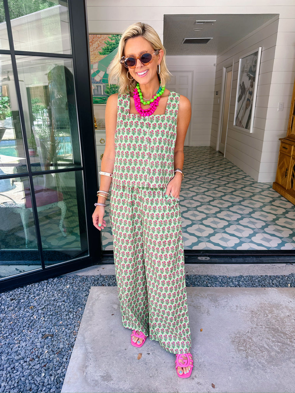 FRESHLY PICKED FLORAL BLOCK PANT SET - GREEN