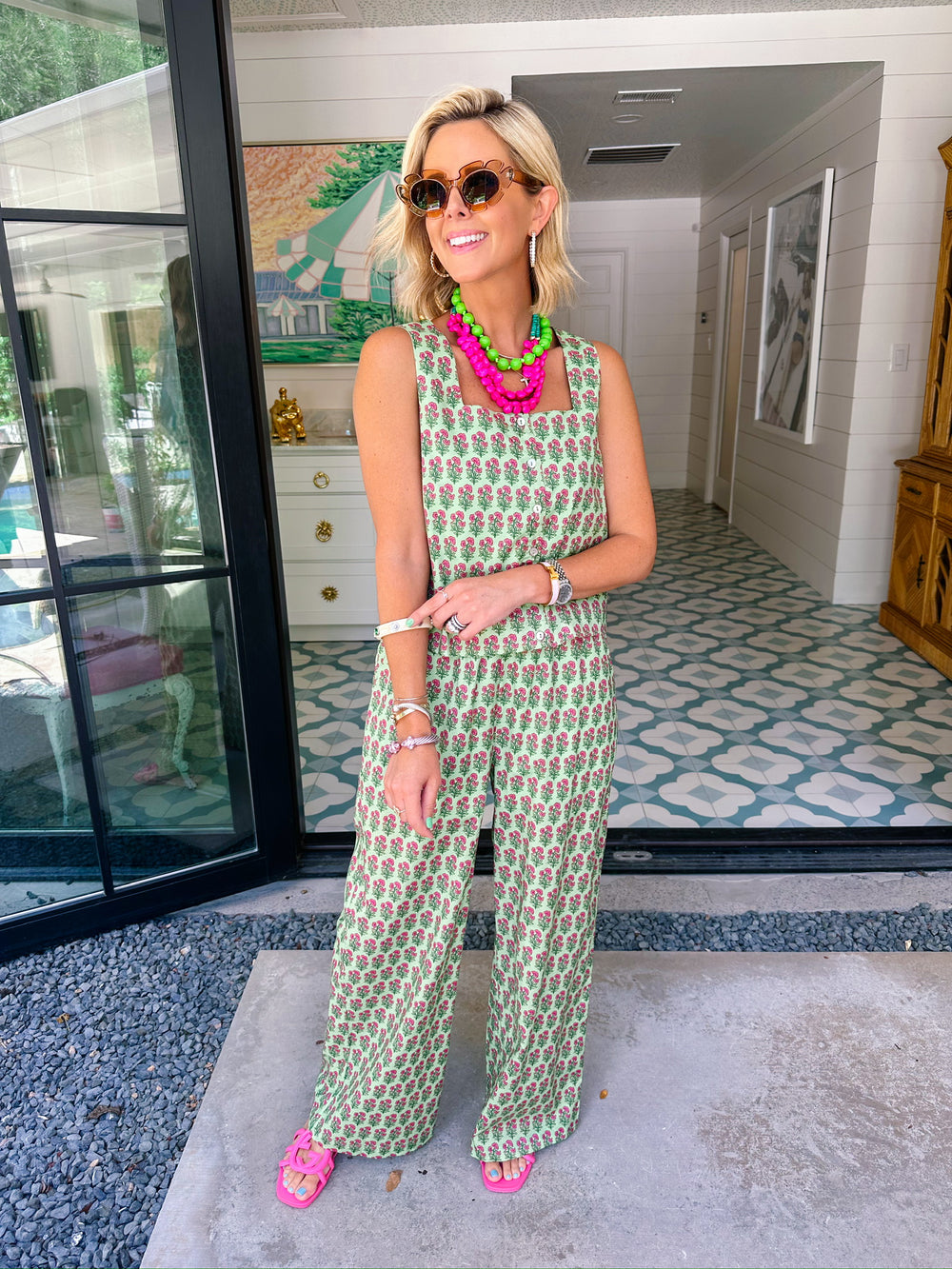 FRESHLY PICKED FLORAL BLOCK PANT SET - GREEN