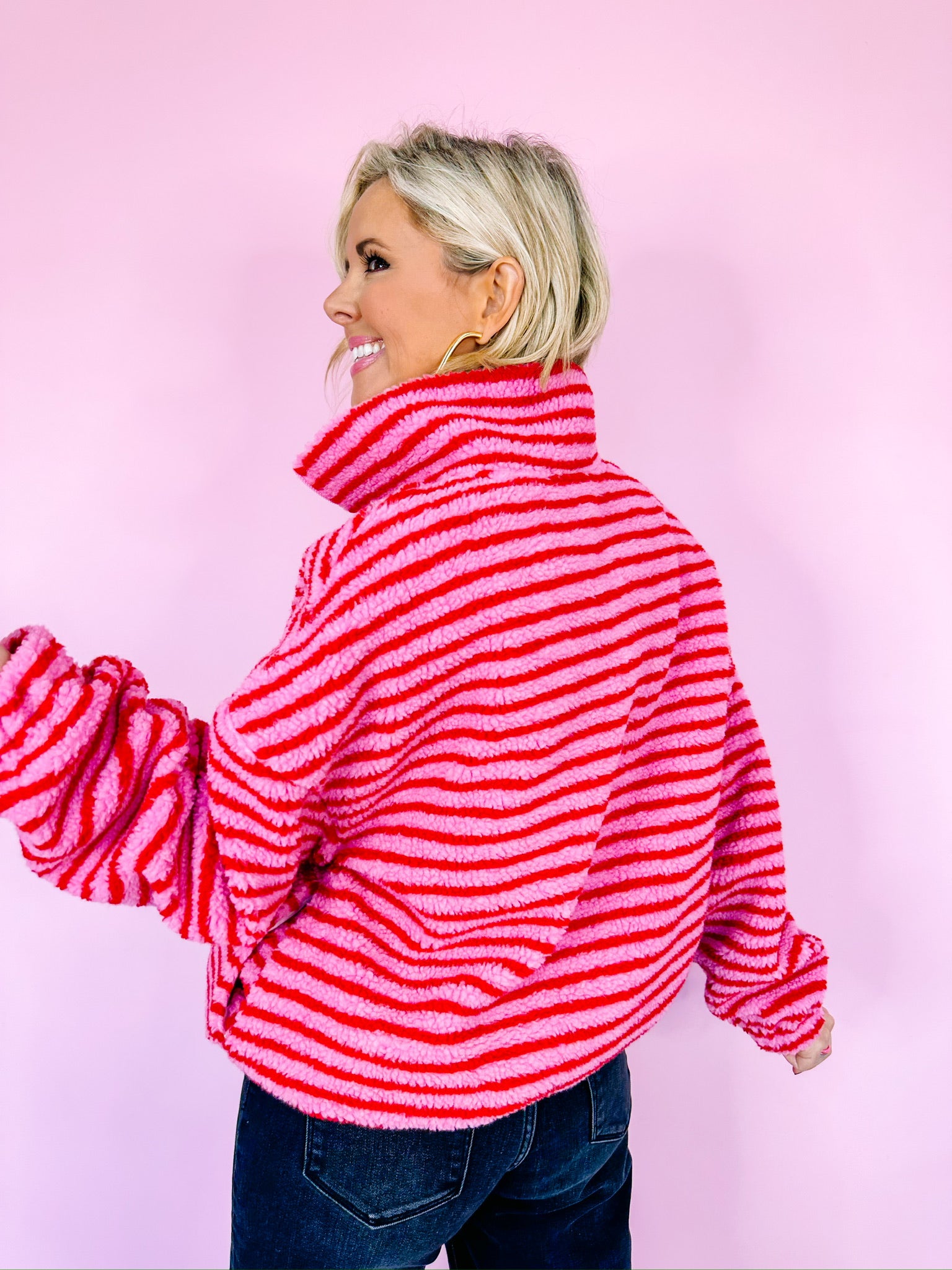 SNUGGLY STRIPE HALF ZIP PULLOVER - PINK/RED