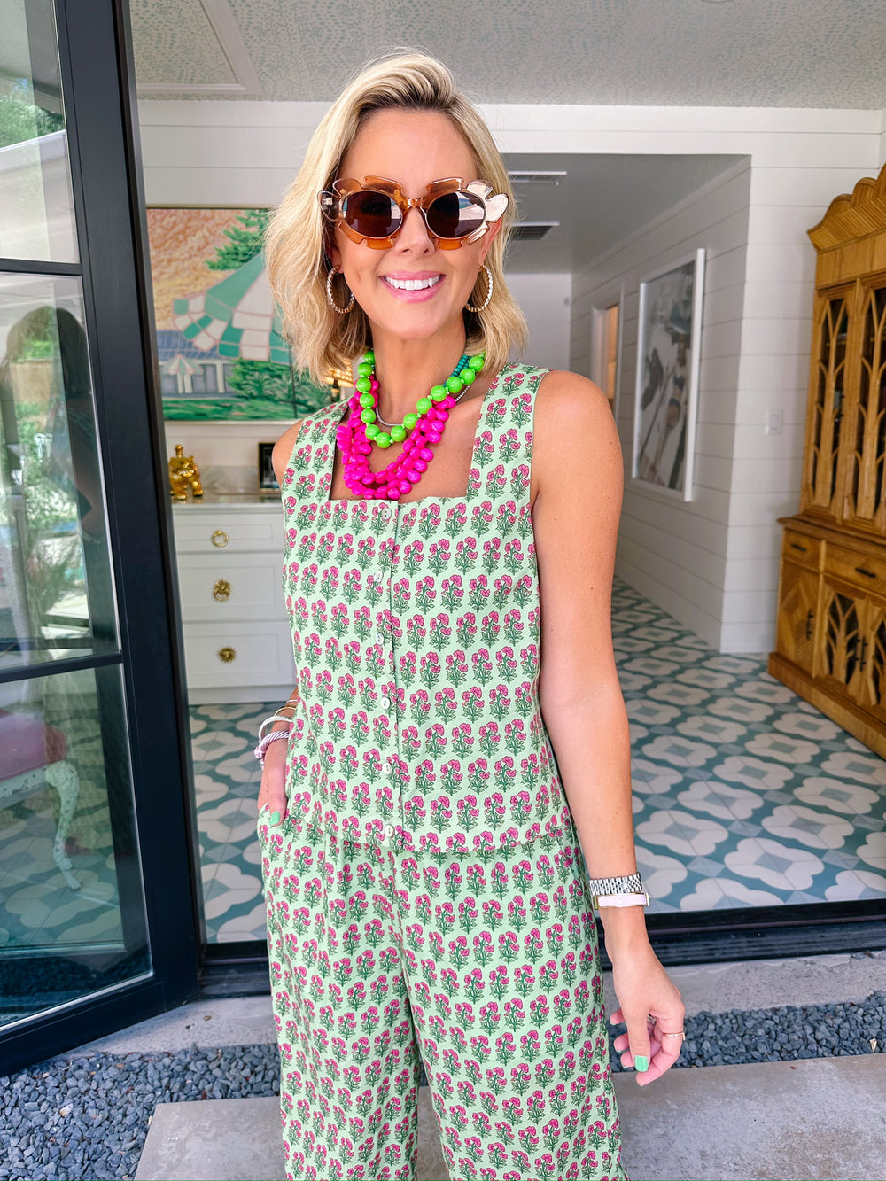 FRESHLY PICKED FLORAL BLOCK PANT SET - GREEN