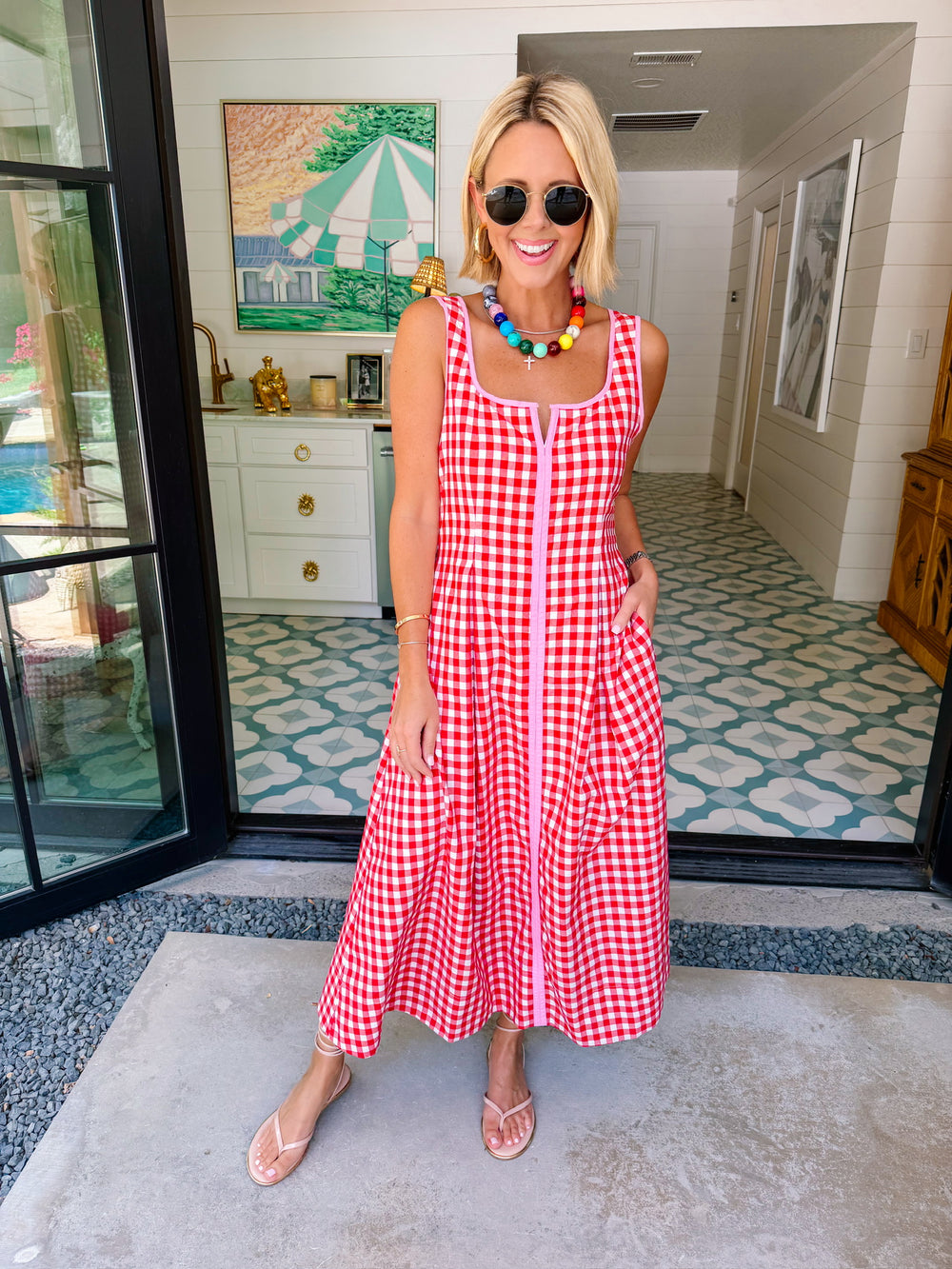 THE AUDREY GINGHAM MIDI DRESS - RED/PINK
