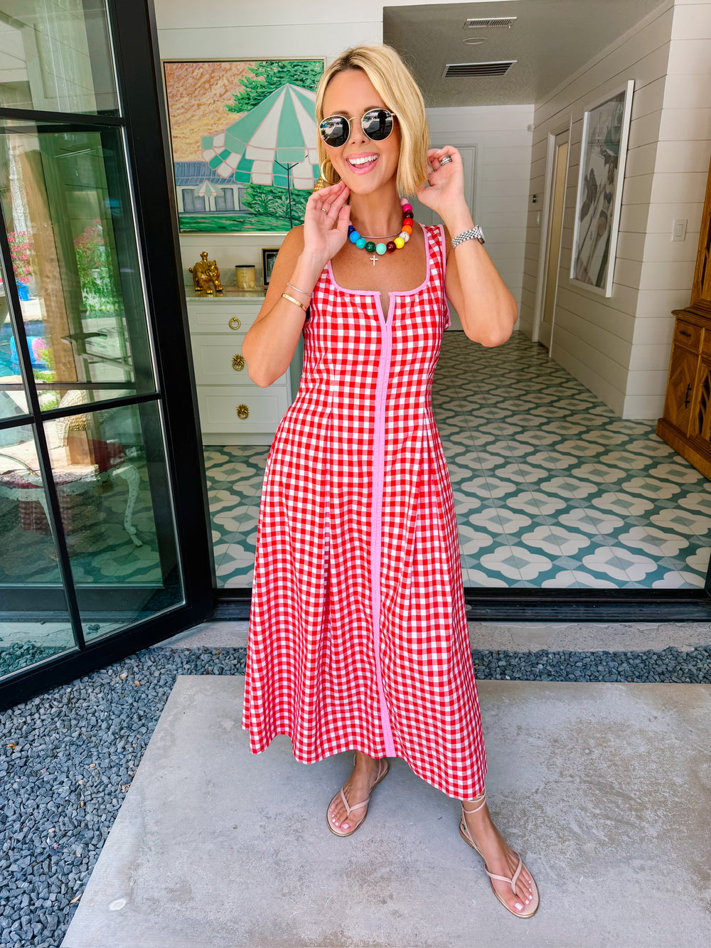 THE AUDREY GINGHAM MIDI DRESS - RED/PINK