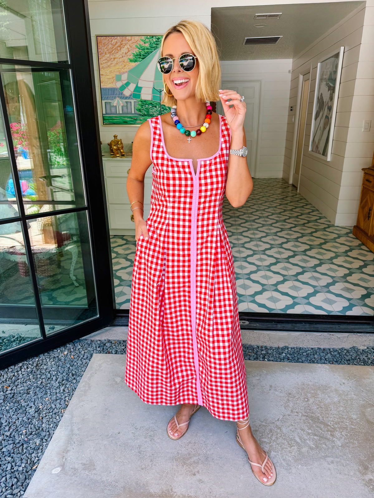 THE AUDREY GINGHAM MIDI DRESS - RED/PINK
