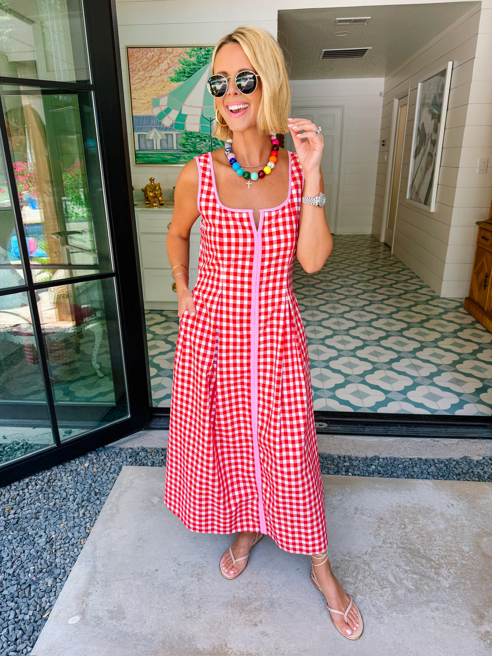 THE AUDREY GINGHAM MIDI DRESS - RED/PINK