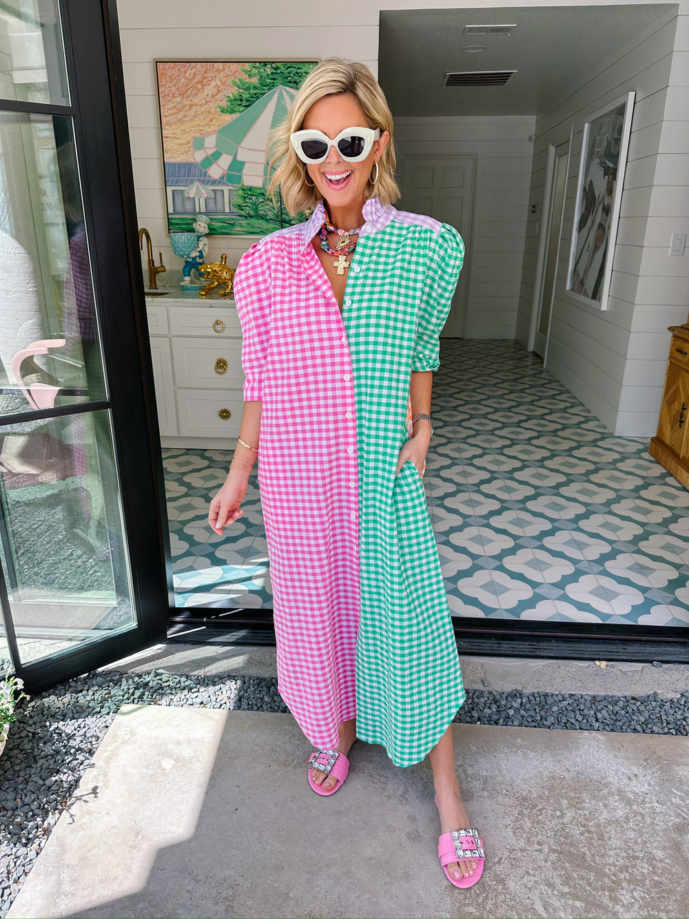 NINA GINGHAM COLORBLOCK BUTTON UP MIDI DRESS