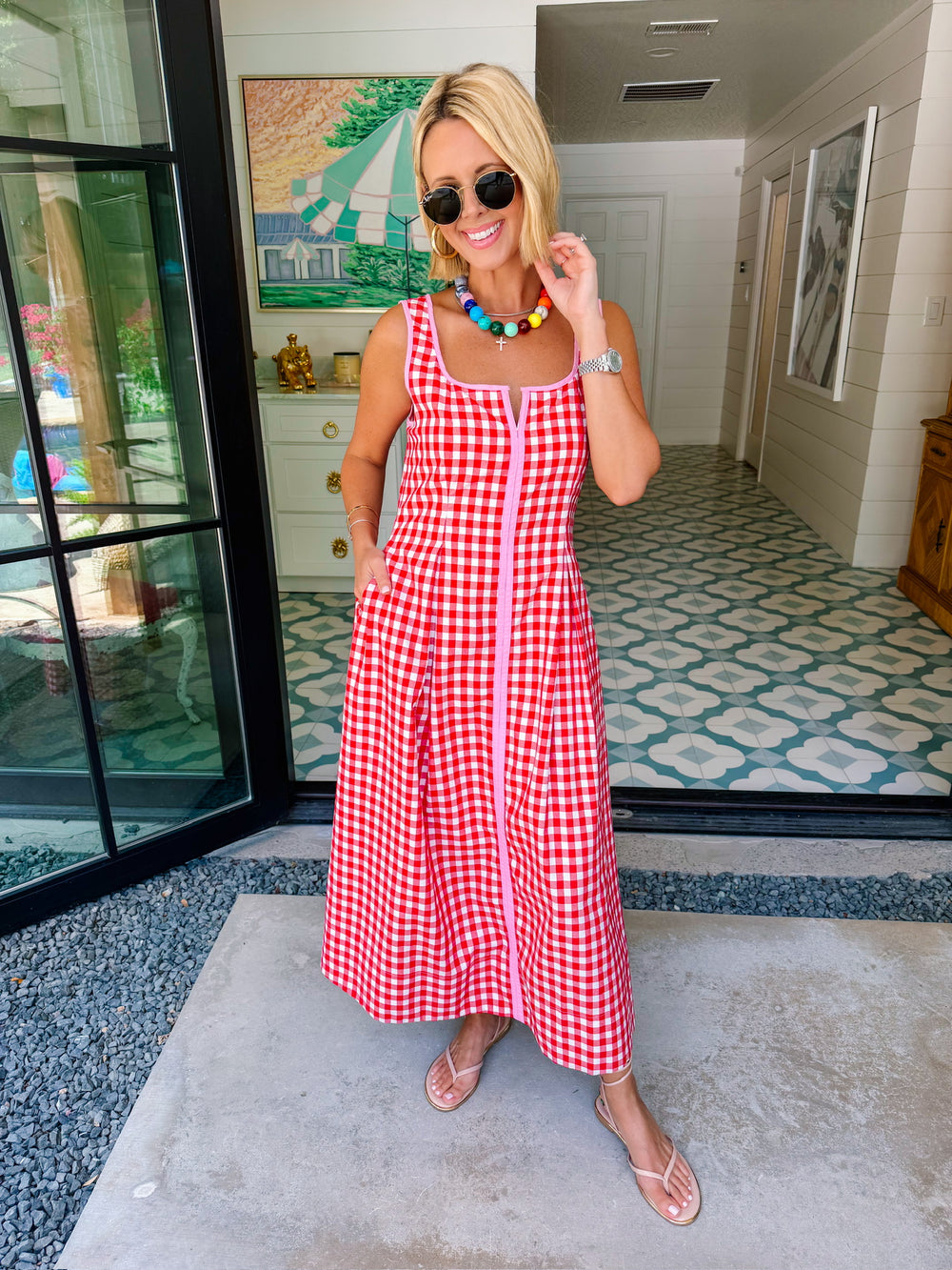 THE AUDREY GINGHAM MIDI DRESS - RED/PINK