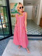 THE AUDREY GINGHAM MIDI DRESS - RED/PINK