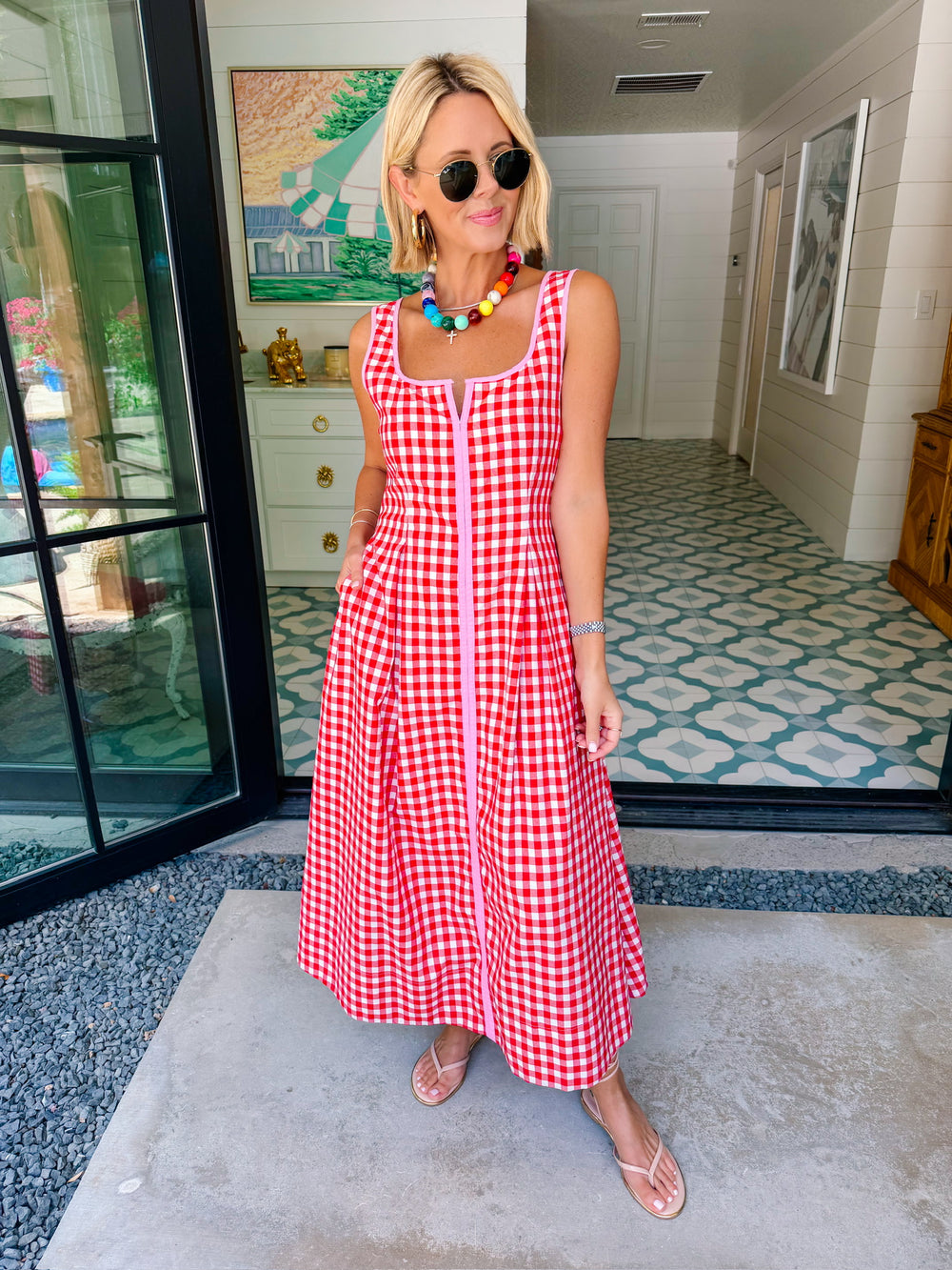 THE AUDREY GINGHAM MIDI DRESS - RED/PINK