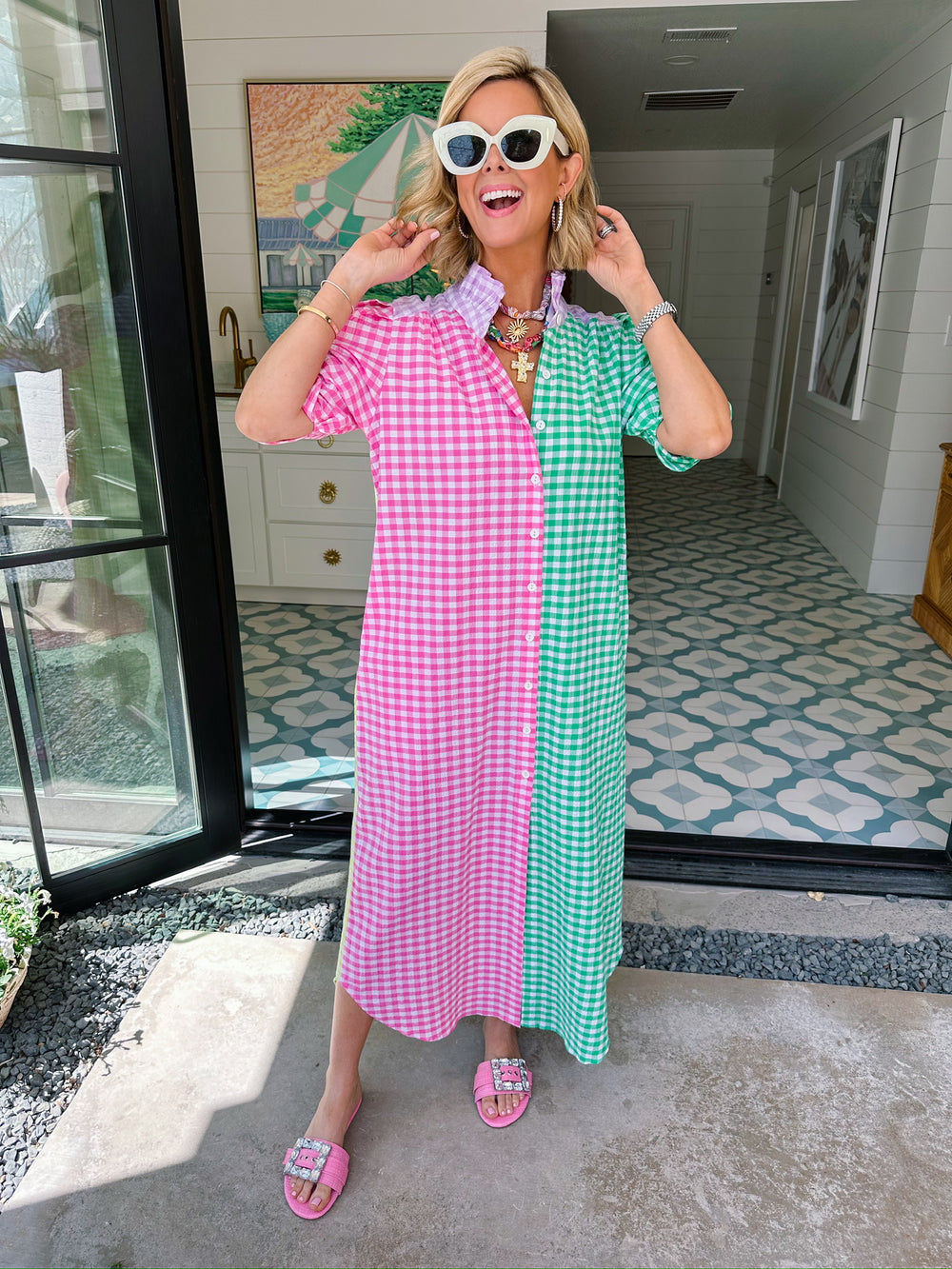 NINA GINGHAM COLORBLOCK BUTTON UP MIDI DRESS