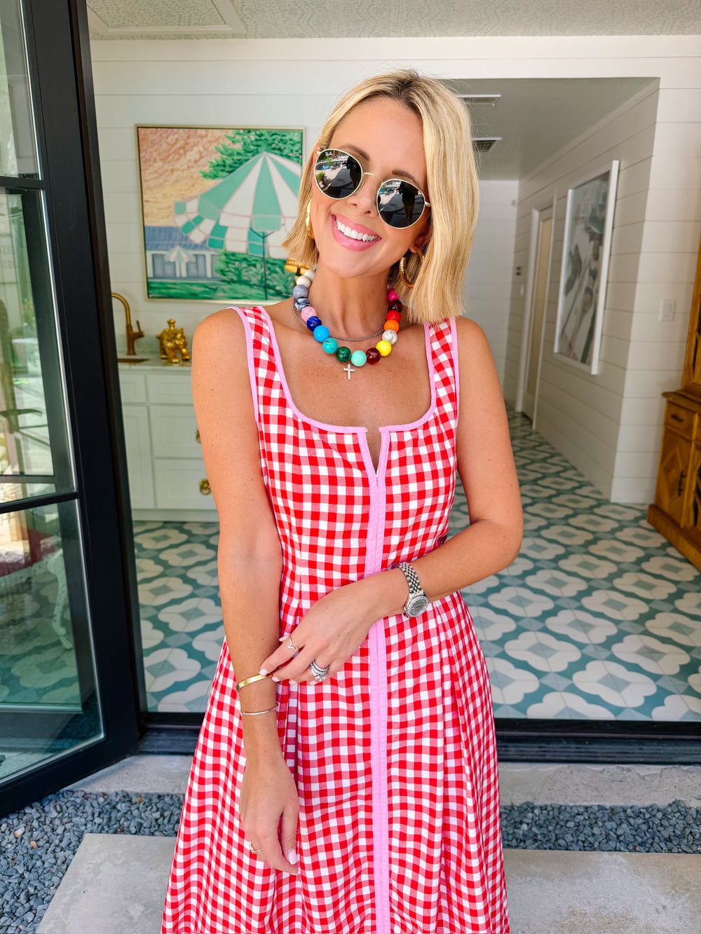 THE AUDREY GINGHAM MIDI DRESS - RED/PINK