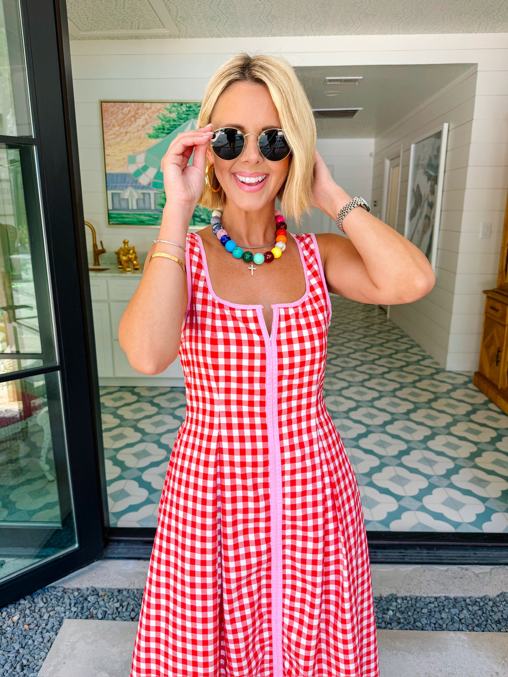THE AUDREY GINGHAM MIDI DRESS - RED/PINK