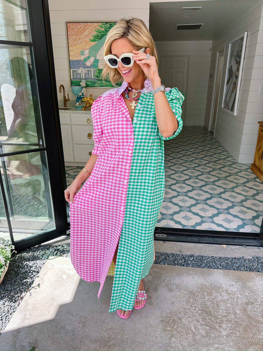 NINA GINGHAM COLORBLOCK BUTTON UP MIDI DRESS