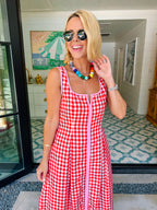 THE AUDREY GINGHAM MIDI DRESS - RED/PINK