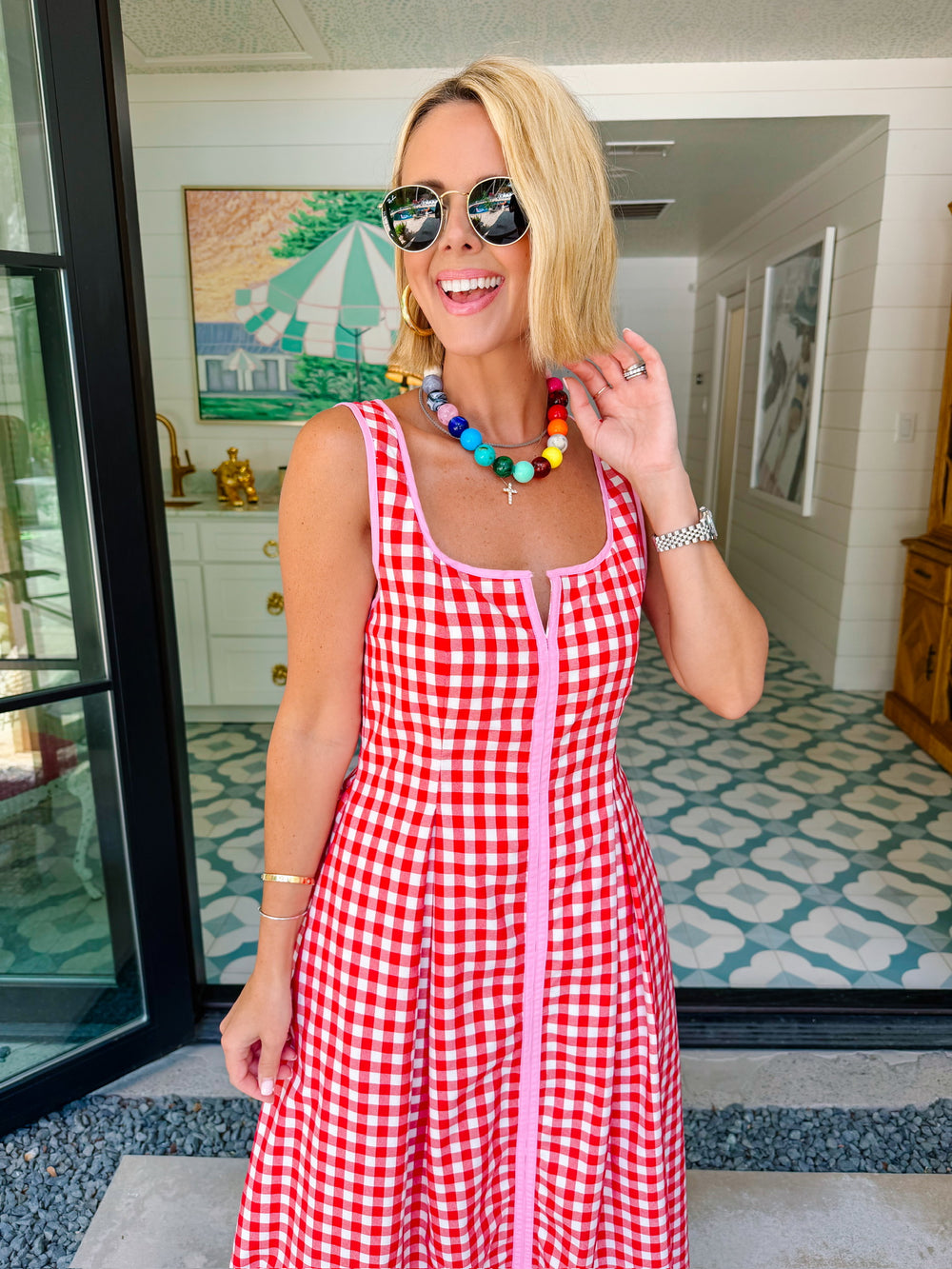 THE AUDREY GINGHAM MIDI DRESS - RED/PINK