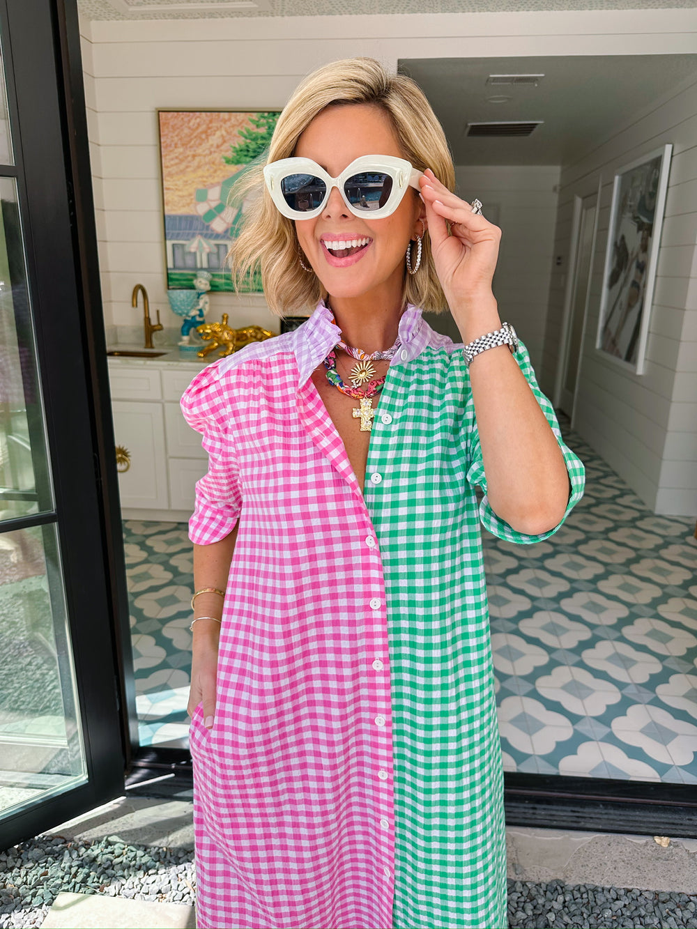 NINA GINGHAM COLORBLOCK BUTTON UP MIDI DRESS