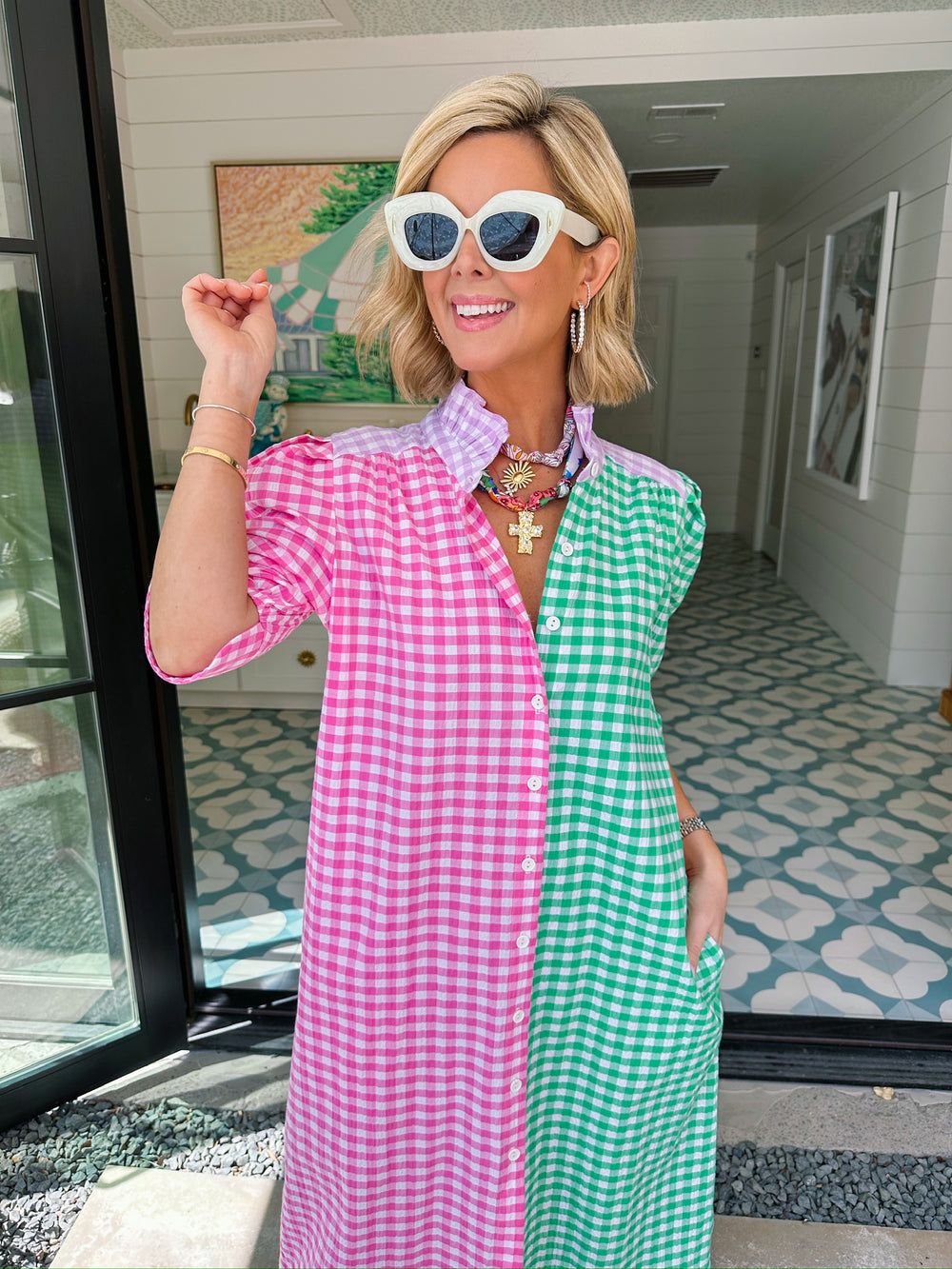 NINA GINGHAM COLORBLOCK BUTTON UP MIDI DRESS