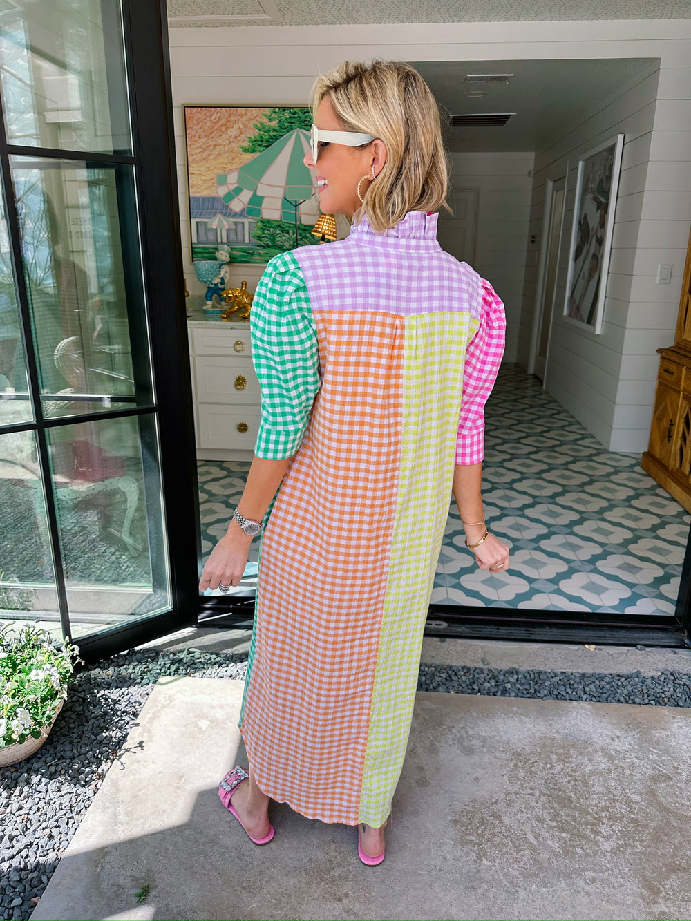 NINA GINGHAM COLORBLOCK BUTTON UP MIDI DRESS