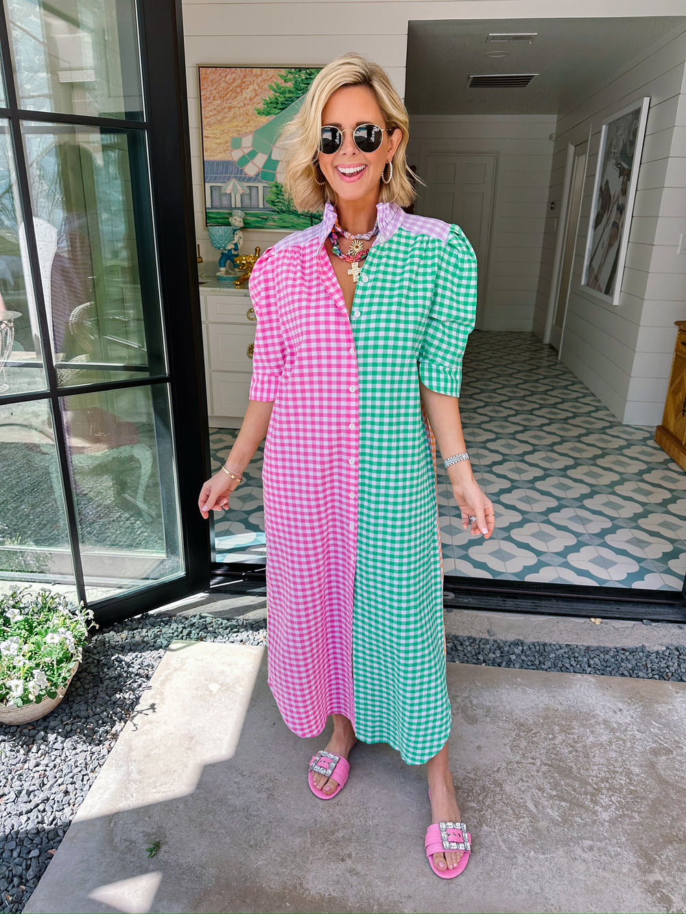 NINA GINGHAM COLORBLOCK BUTTON UP MIDI DRESS