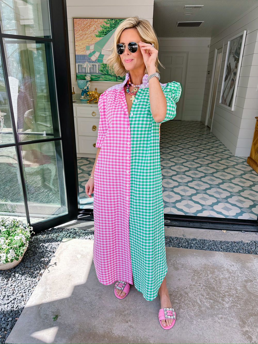 NINA GINGHAM COLORBLOCK BUTTON UP MIDI DRESS