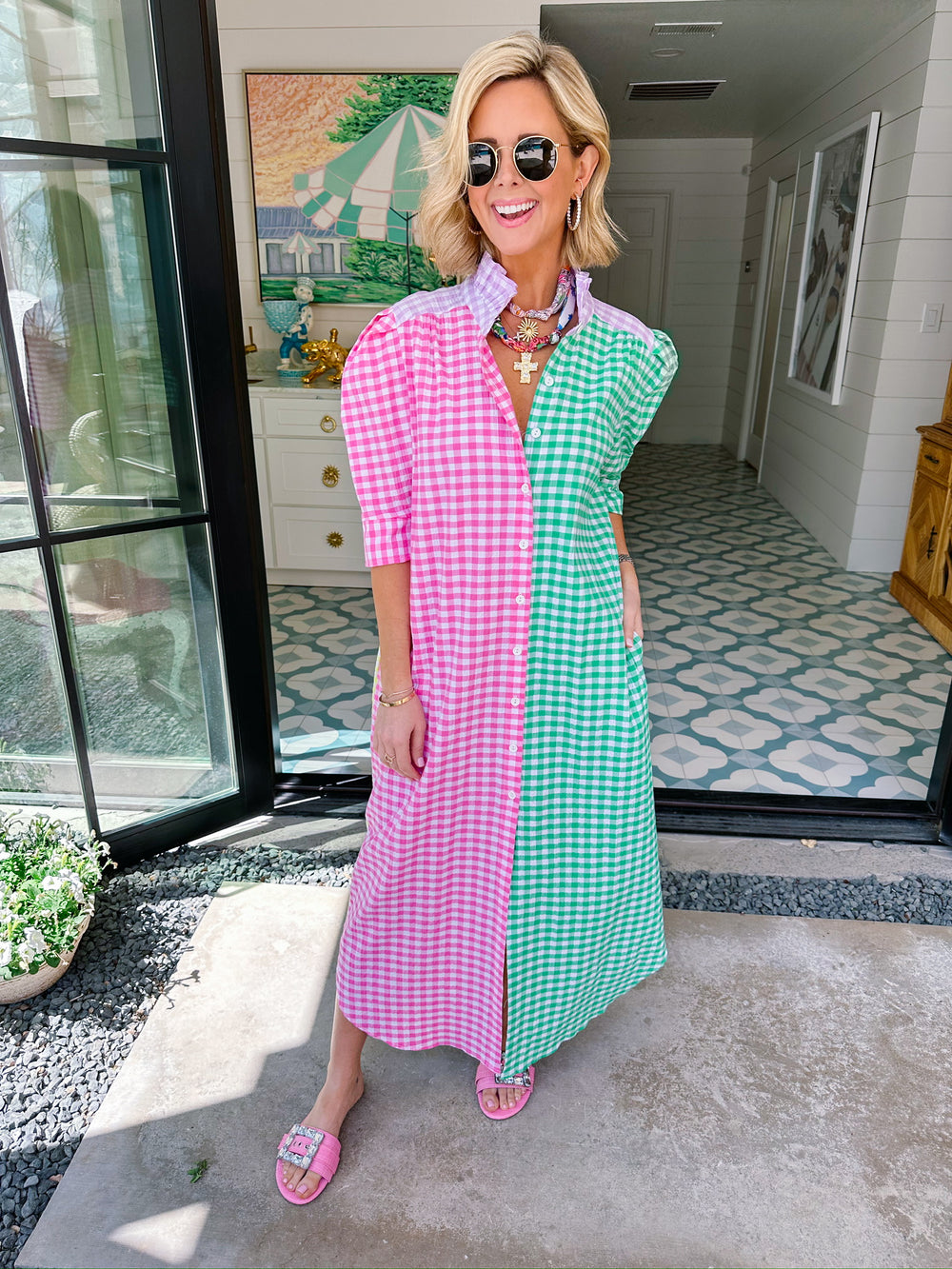 NINA GINGHAM COLORBLOCK BUTTON UP MIDI DRESS