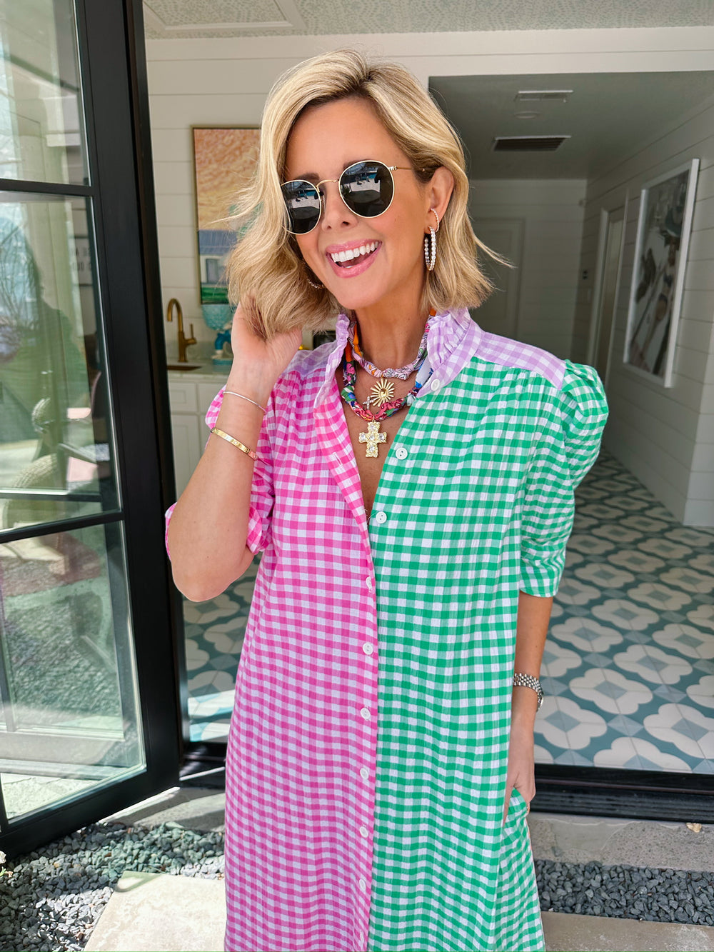 NINA GINGHAM COLORBLOCK BUTTON UP MIDI DRESS