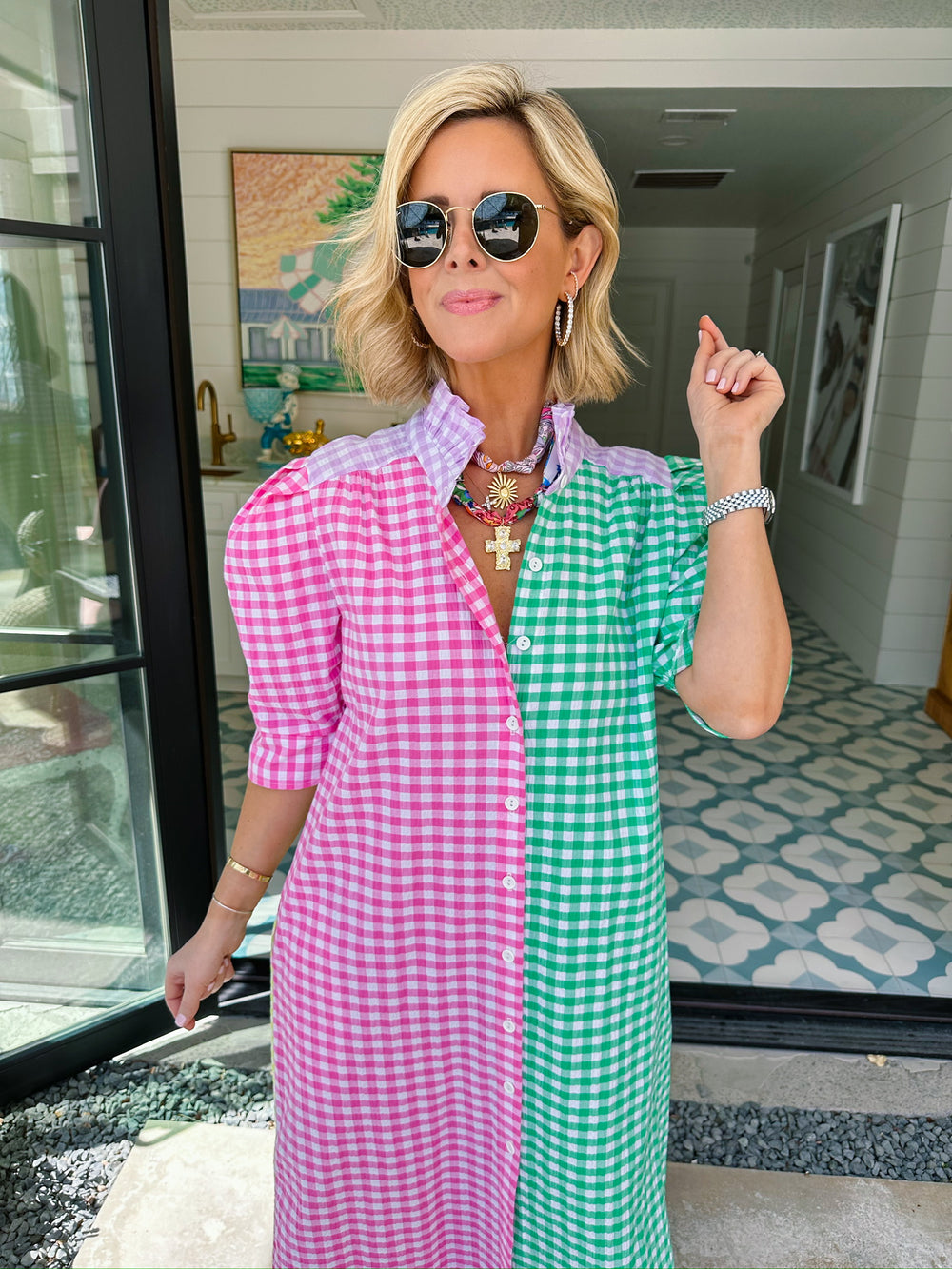 NINA GINGHAM COLORBLOCK BUTTON UP MIDI DRESS