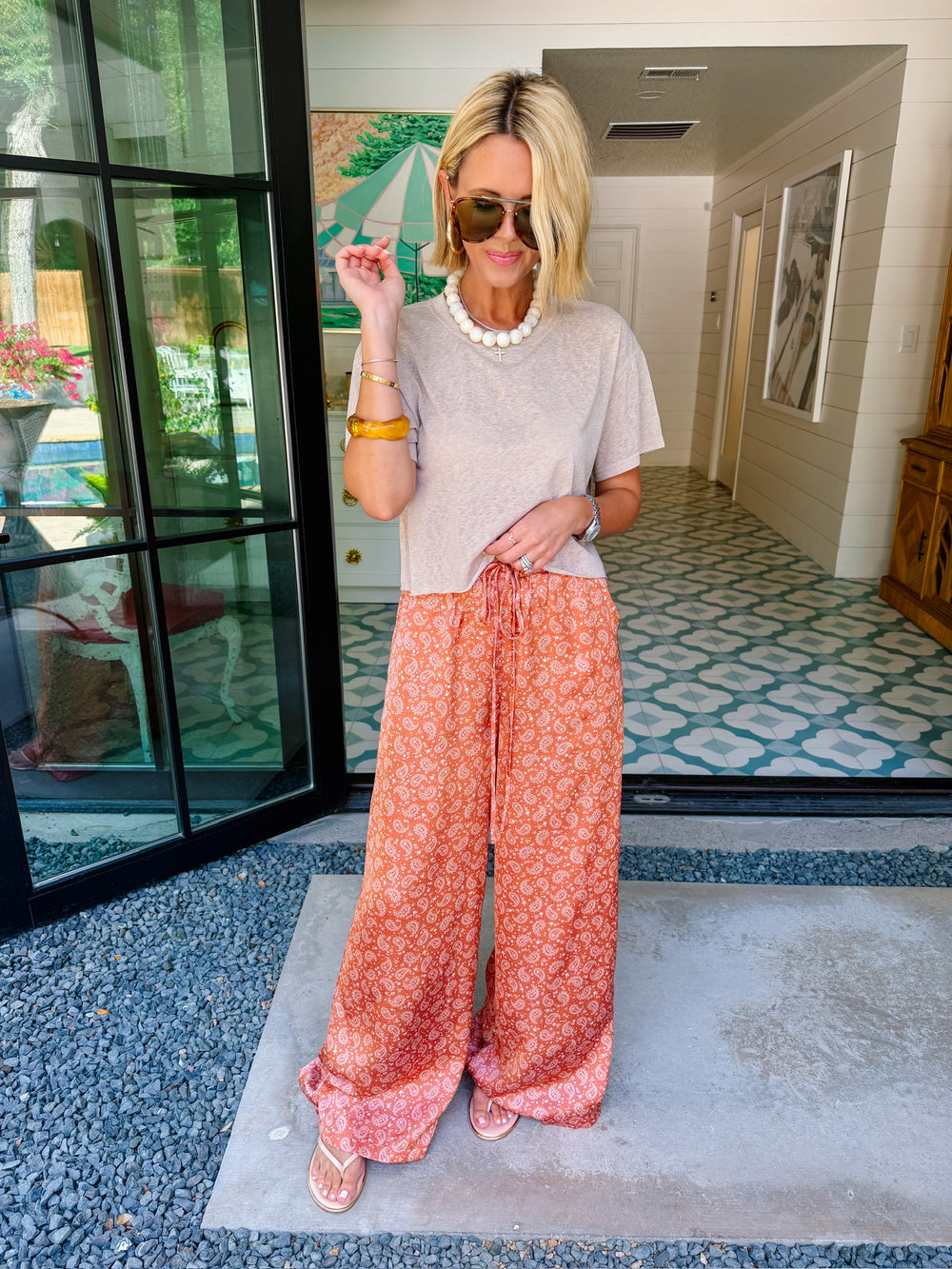IZABEL PAISLEY WIDE LEG PANT - ORANGE