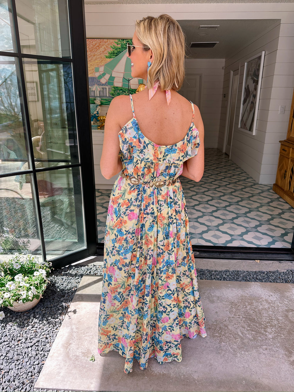 GARDEN MUSE FLORAL RUFFLE MIDI DRESS