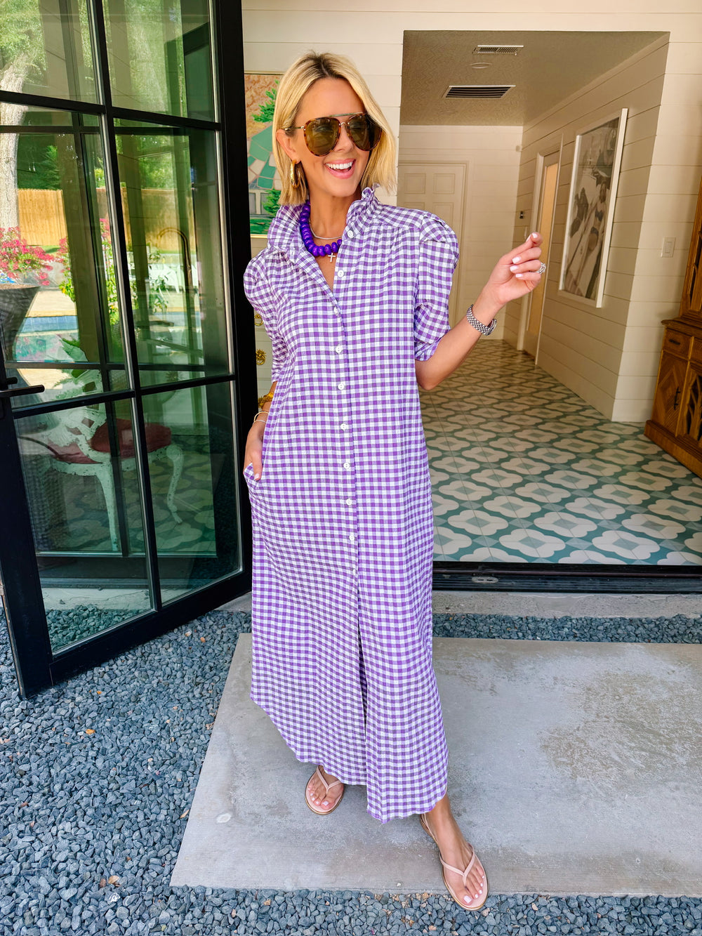 NINA GINGHAM BUTTON UP MIDI DRESS - PURPLE