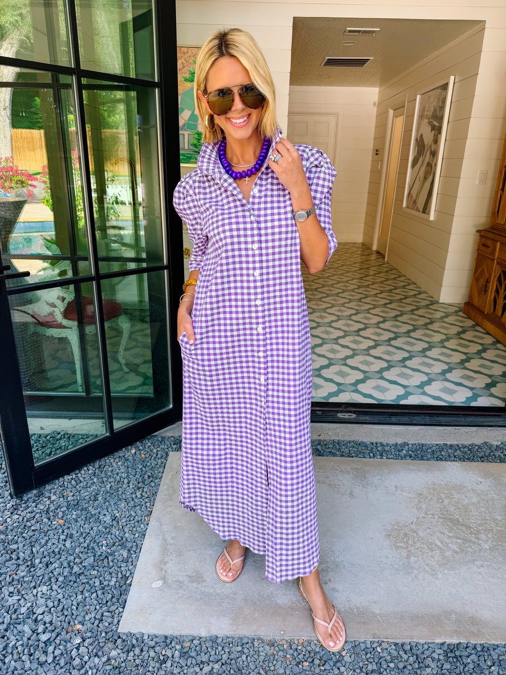 NINA GINGHAM BUTTON UP MIDI DRESS - PURPLE