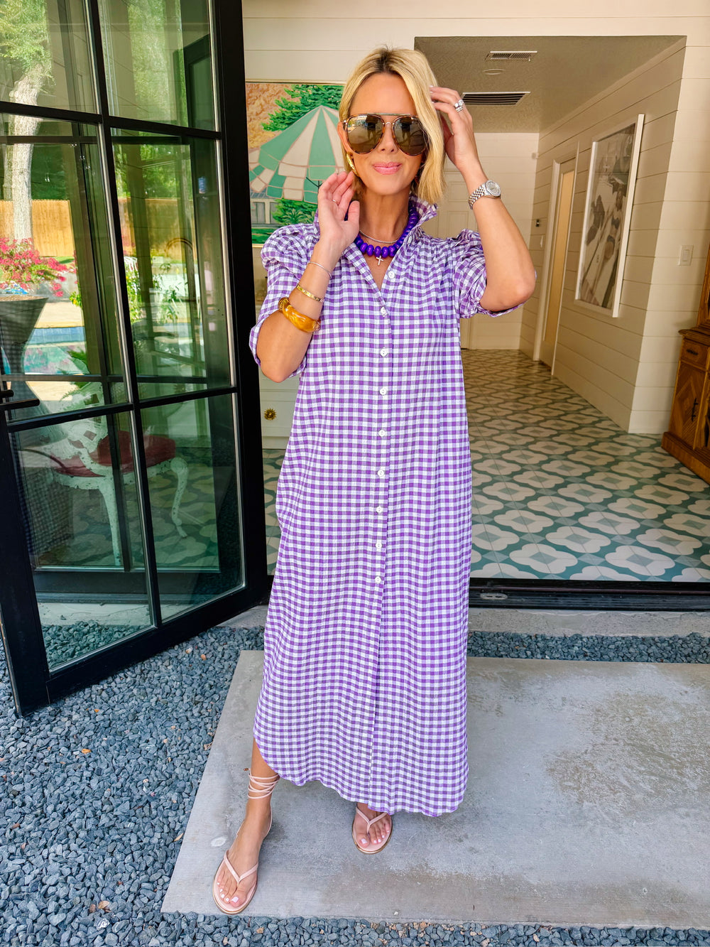 NINA GINGHAM BUTTON UP MIDI DRESS - PURPLE