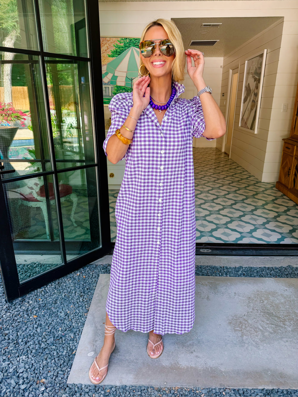 NINA GINGHAM BUTTON UP MIDI DRESS - PURPLE