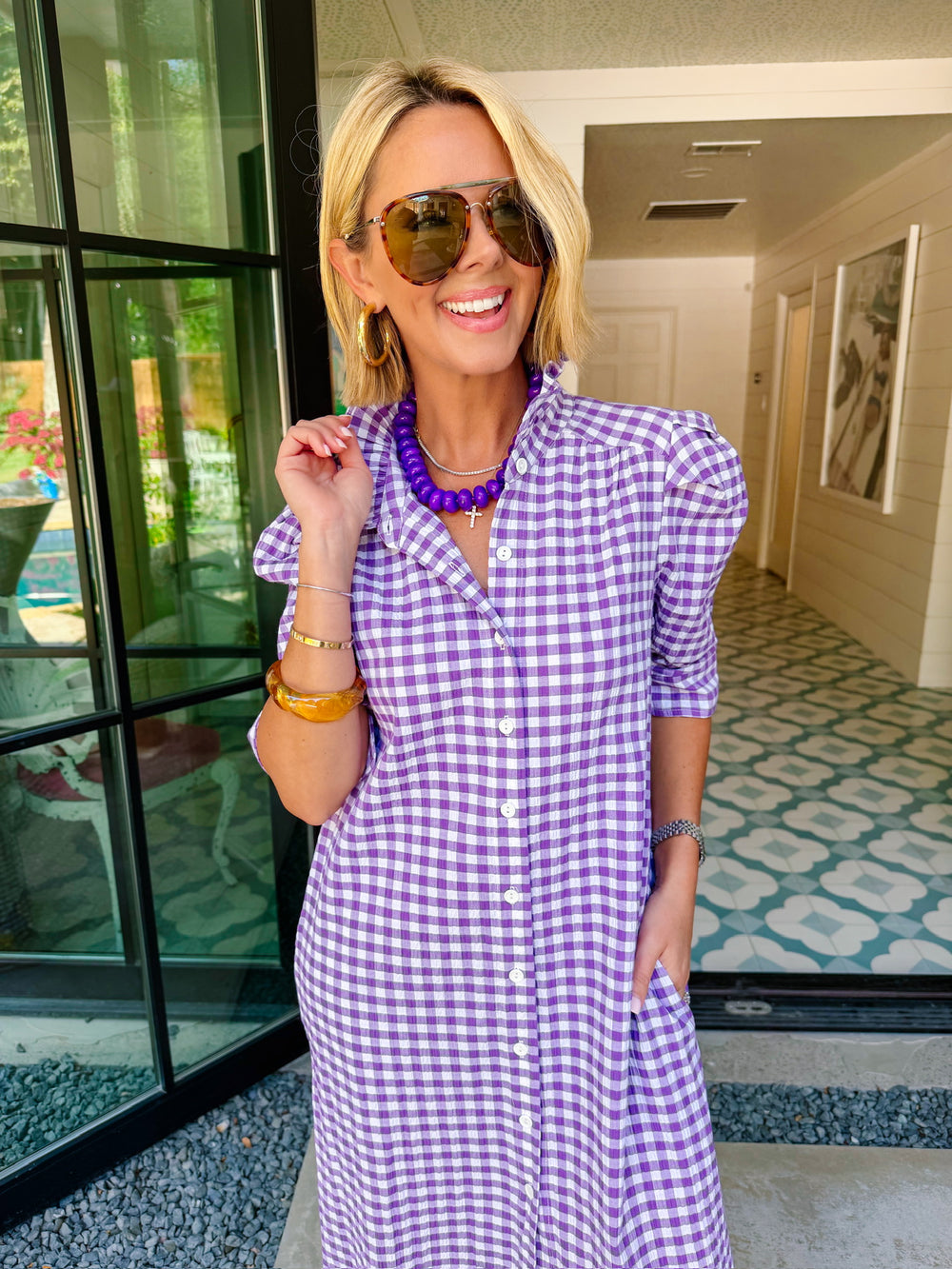 NINA GINGHAM BUTTON UP MIDI DRESS - PURPLE