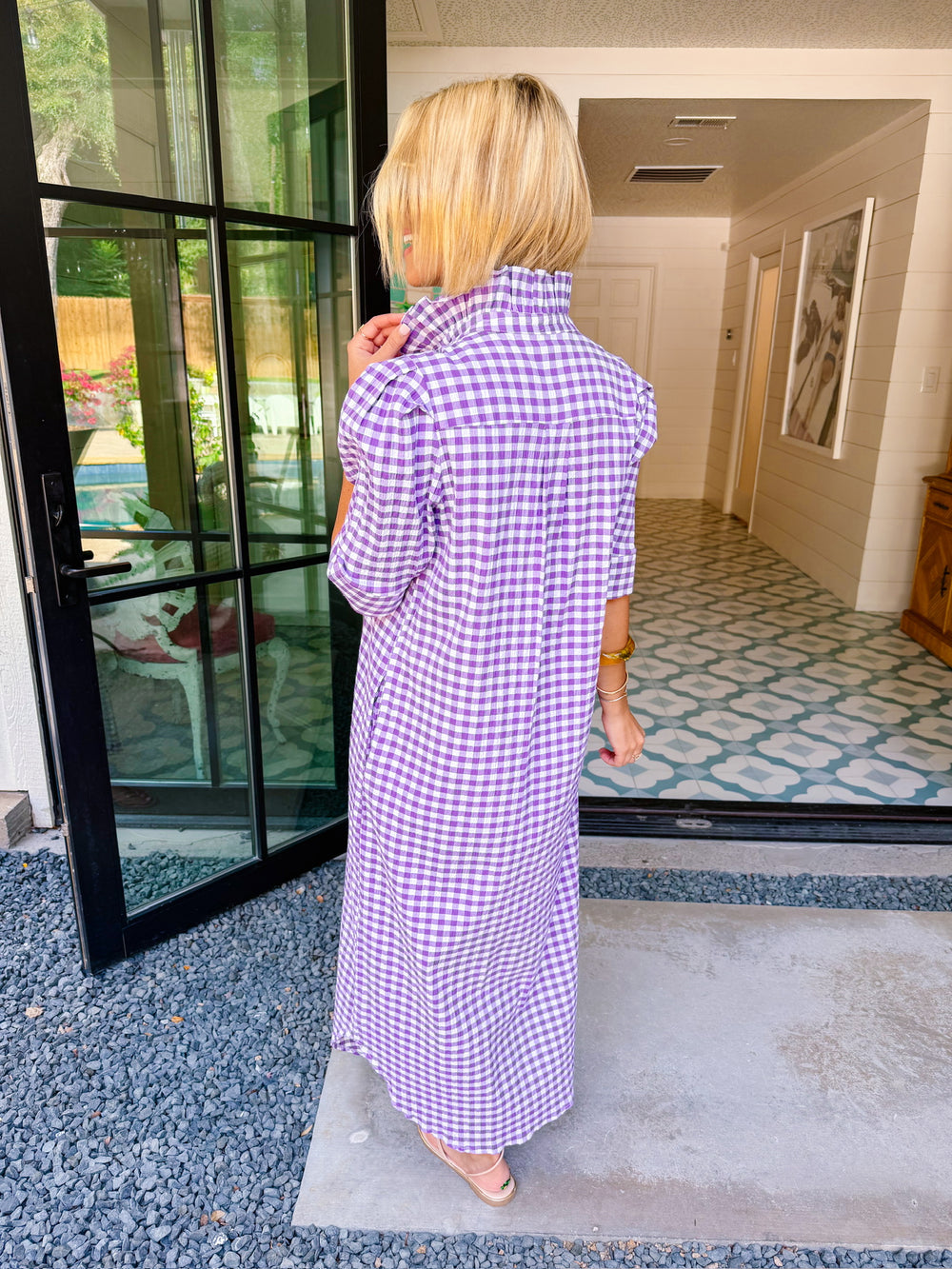 NINA GINGHAM BUTTON UP MIDI DRESS - PURPLE