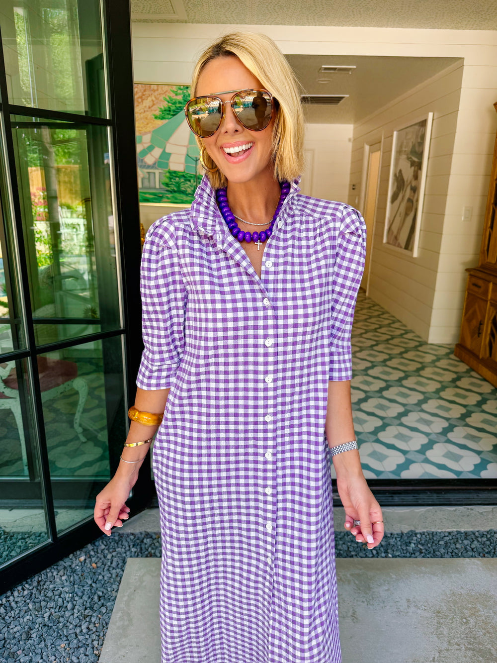 NINA GINGHAM BUTTON UP MIDI DRESS - PURPLE