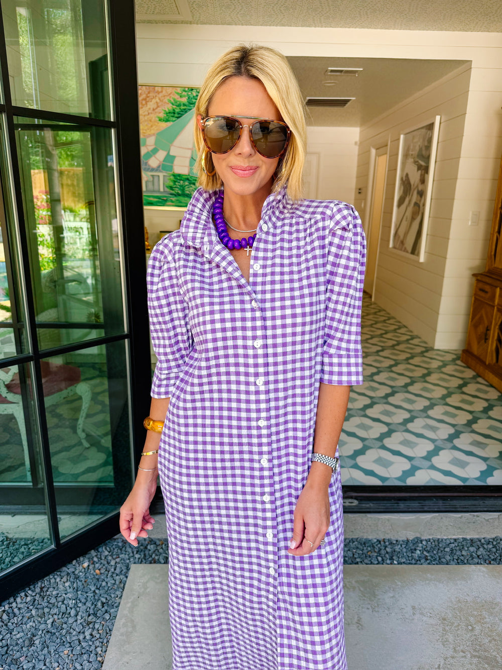 NINA GINGHAM BUTTON UP MIDI DRESS - PURPLE