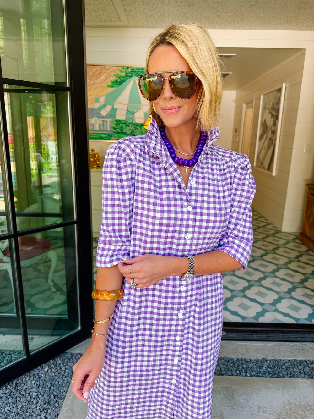 NINA GINGHAM BUTTON UP MIDI DRESS - PURPLE