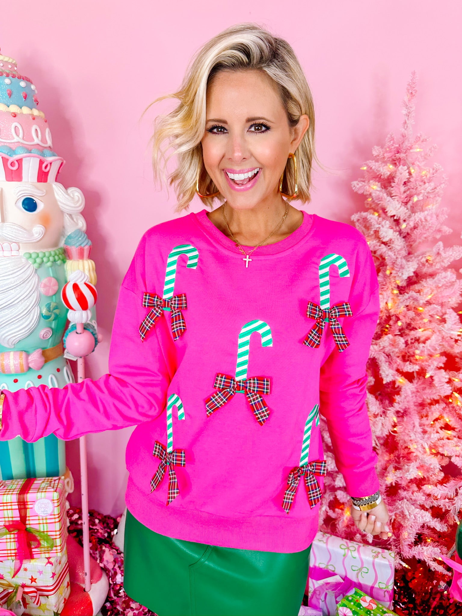 COQUETTE CANDY CANE BOW SWEATSHIRT - PINK