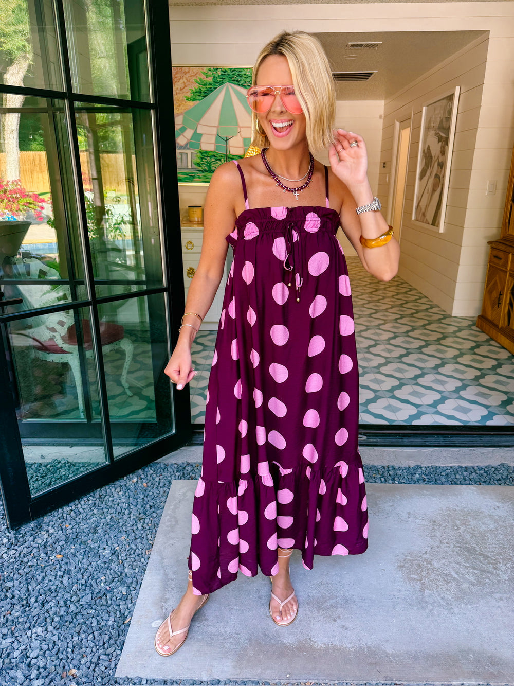 A LOVELY THOUGHT POLKA DOT MIDI DRESS - PLUM/PINK
