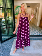 A LOVELY THOUGHT POLKA DOT MIDI DRESS - PLUM/PINK