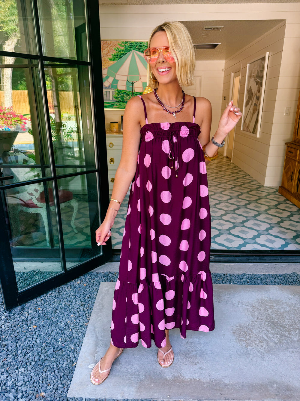 A LOVELY THOUGHT POLKA DOT MIDI DRESS - PLUM/PINK