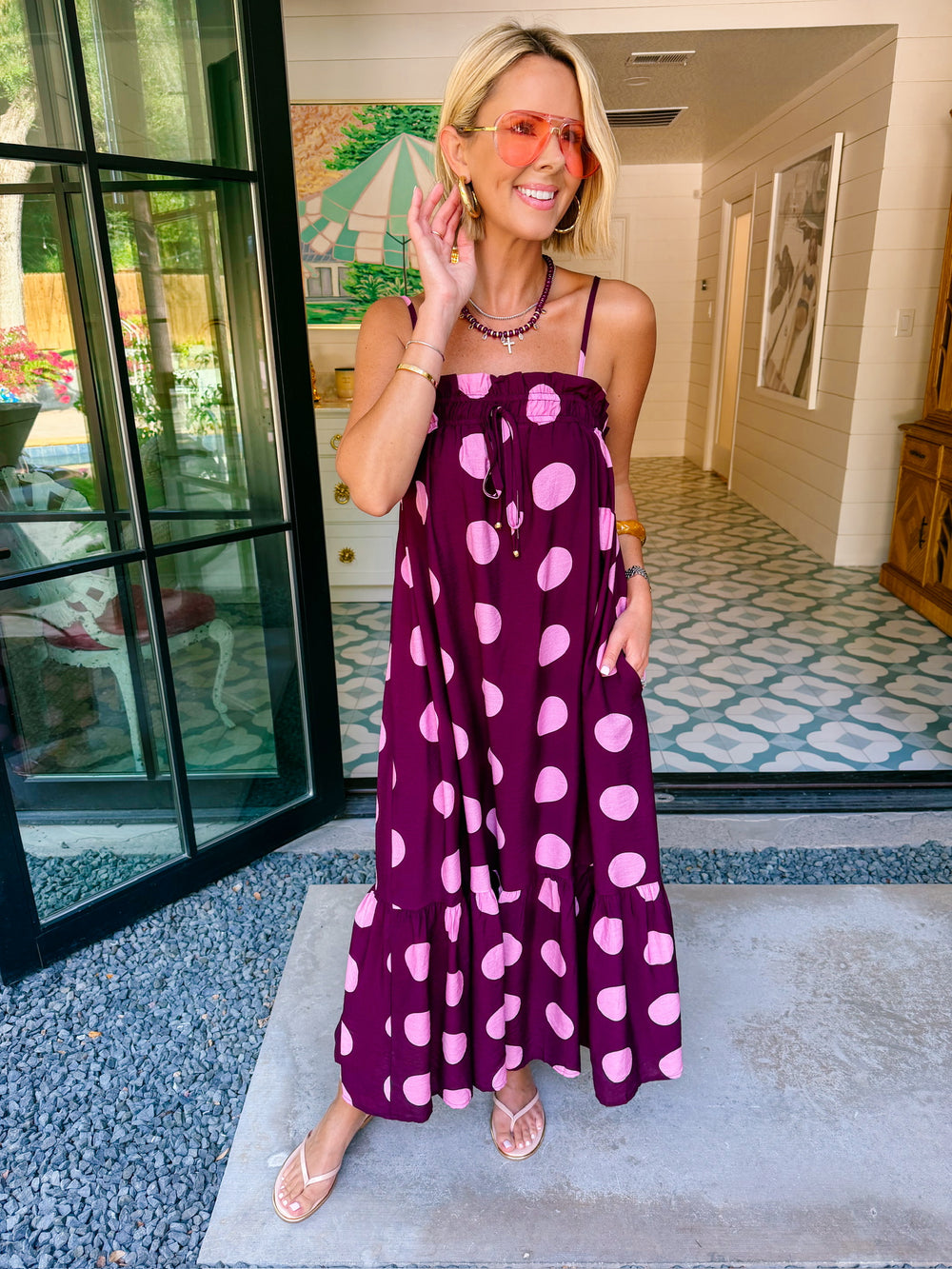 A LOVELY THOUGHT POLKA DOT MIDI DRESS - PLUM/PINK